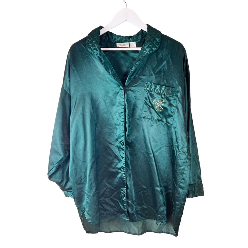 Vintage Victorias Secret Gold Label Emerald Green Satin Sleep Shirt M/L Quilted